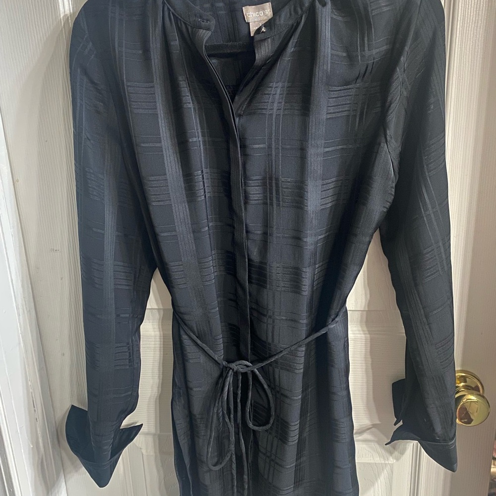 Chico's Black Textured Plaid Long Shirt or Dress with Waist Tie